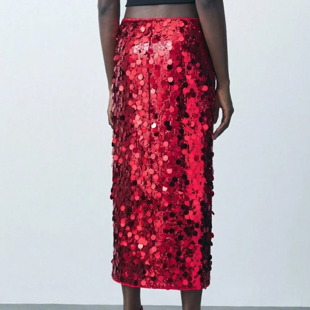 Red Party Women's Sequin Fitted Split Design Skirt